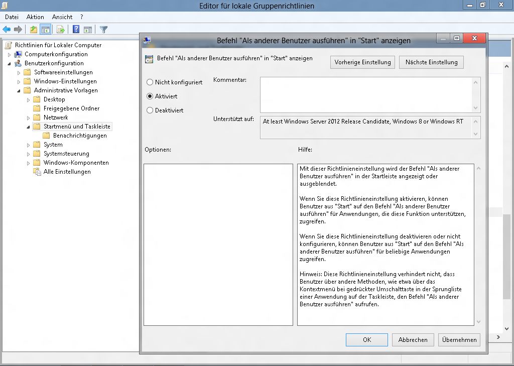 Einstellungen - Als anderer Benutzer ausführen auf der Startseite